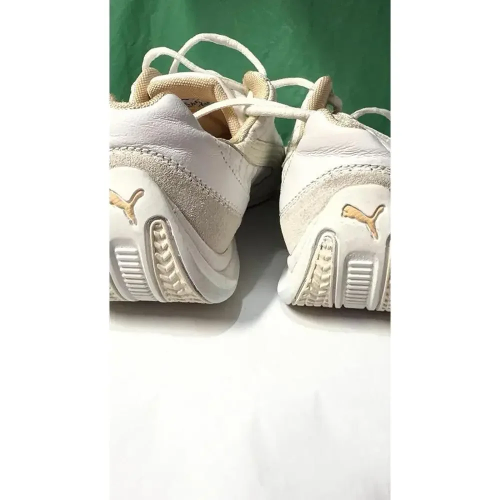 PUMA White Leather Sneakers Women US 6 EU 36‎ Gold Logo Lace Up